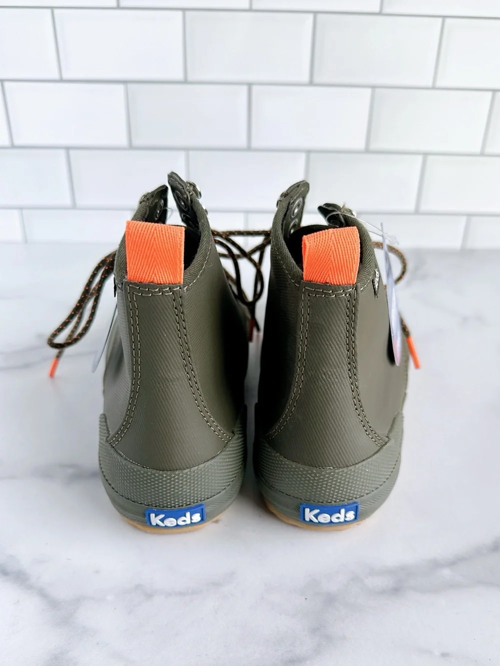 Keds Olive Green Striped High-Top Lace-Up Sneakers with Orange Pull Tabs